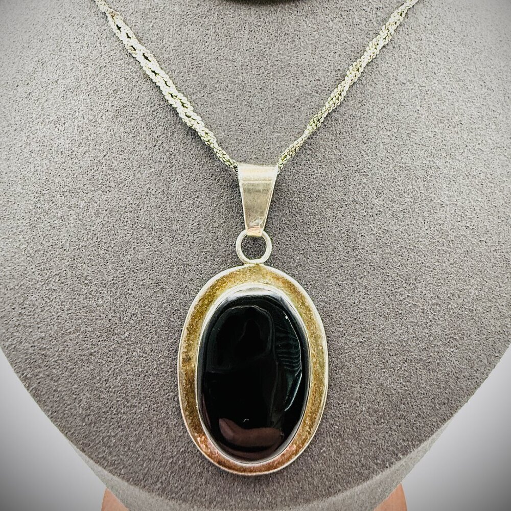 Taxco Mexico Sterling Black Onyx Pendant 2"